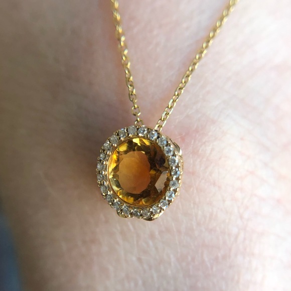 Getana 14k Citrine Diamond Pendant and Fine Chain Solid Yellow Gold Princess Cut - Picture 10 of 12